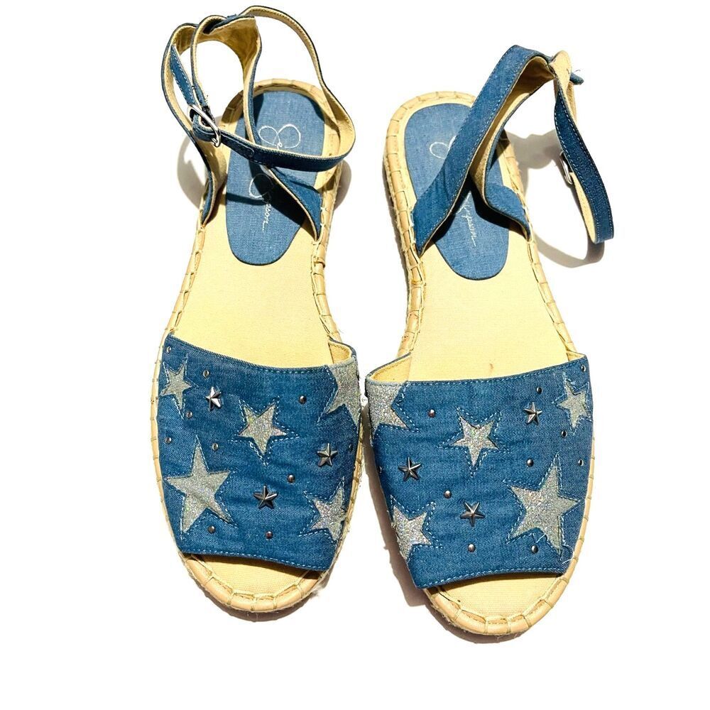Jessica Simpson Espadrilles flat denim silver stars summer casual women's 9M